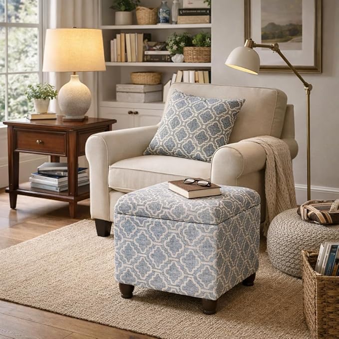 Homepop Home Decor | Upholstered MediumRectangular Storage Ottoman | Hinged Lid Ottoman with Storage for Living Room & Bedroom,Gray Geometric