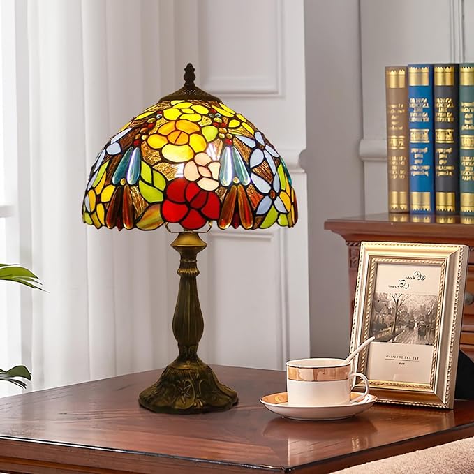 Table Lamp Hand-Made Grape Rose Stained Glass Table Lamps Bedside Nightstand Lamp for Bedroom, Living Room, Home Office Desk Lamp,Home Deco Art, W/LED E27 Bulb,12X12X18Inch