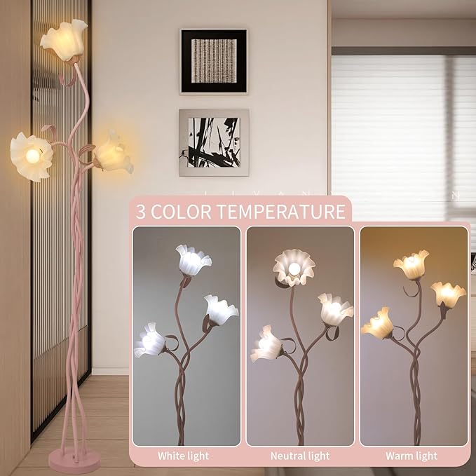 Flower Floor Lamp for Living Room, Tall Standing Reading Lamp with Flexible Neck Shaft for Bedroom Decor, Modern Corner Floor Lamps with 3-Color Temperatures LED Bulb (Pink)