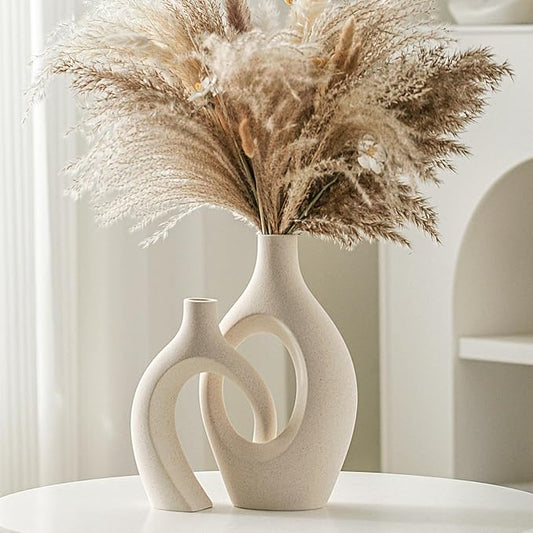 Lvases Snuggle Hollow Ceramic Vase Set of 2, Boho ins Style Round Nordic Mid Century Modern Aesthetic Decorative Vase for Home Decor (Cream W 6.8" X H 11")