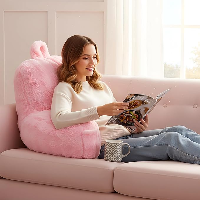 Yaoshuho Faux Fur Reading Pillow for Sitting in Bed, Large Backrest Bed Pillow with Arms, Back Support Pillow for Lounging Bedrest, Pink