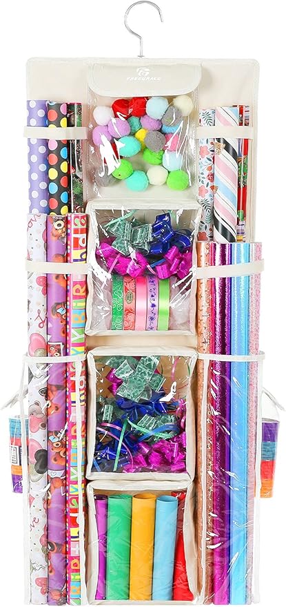 Freegrace Double-Sided Hanging Gift Wrap Organizer - Large 16 x 41 Inch Wrapping Paper Storage Bag - Tearproof 600D Oxford Closet Gift Bag & Ribbon Organization Storage Caddy, Beige