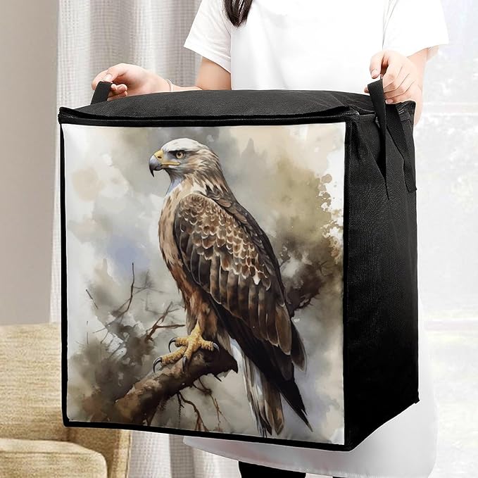 Watercolor of Hawk Sitting in The Tree Storage Bag Quilt Storage Bag with Sturdy Zippered Fashion Breathable Closet Organizer Storage Boxes with Carry Handles for Blanket Pillow Bedding