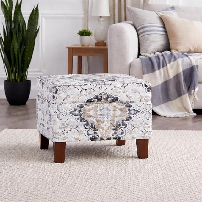 Homepop Home Decor |K7646-A862 | Upholstered Modern Rectangular Storage Ottoman | Hinged Lid Ottoman with Storage for Living Room & Bedroom, Antiqued Ebony Cream