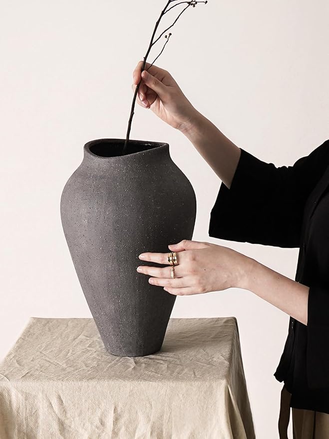 Ceramic Vase - Large 13.6 Inch Tall Floor Vase for Centerpieces, Farmhouse Flower Vases, Rustic Minimalist Home Decor for Living Room, Enterway, Wedding (Sandstone Dark Gray)