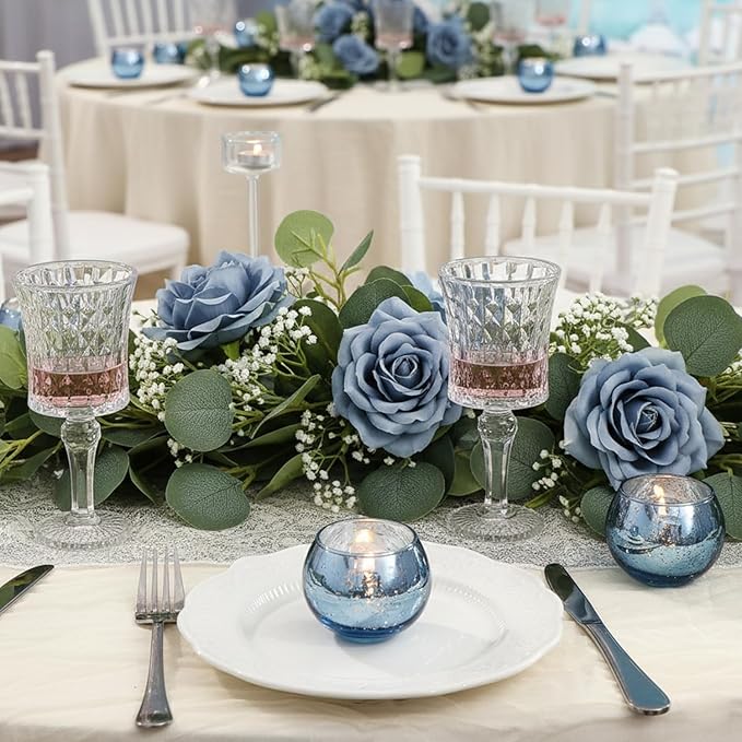 LAMORGIFT 36 Pcs Blue Votive Candle Holders - Mercury Glass Tealight Holders for Dusty Blue Wedding Decor, Centerpiece Table Decorations