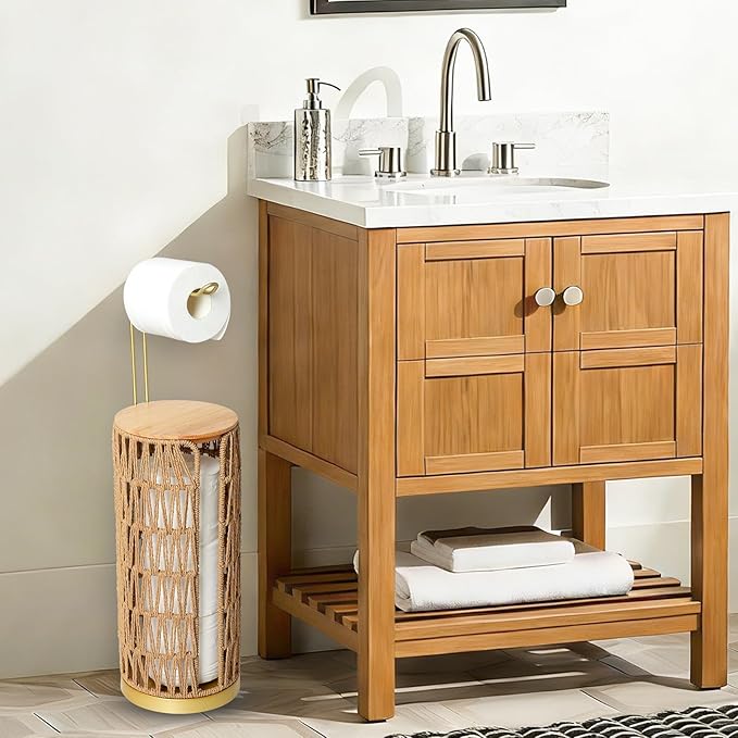 Trongee Freestanding Toilet Paper Holder with Storage,Goldn Handmade Woven Toilet Paper Roll Holder Stand,3 Rolls of Tissue Holder for Bathroom,Rattan Sturdy Boho Bathroom Toilet Paper Storage