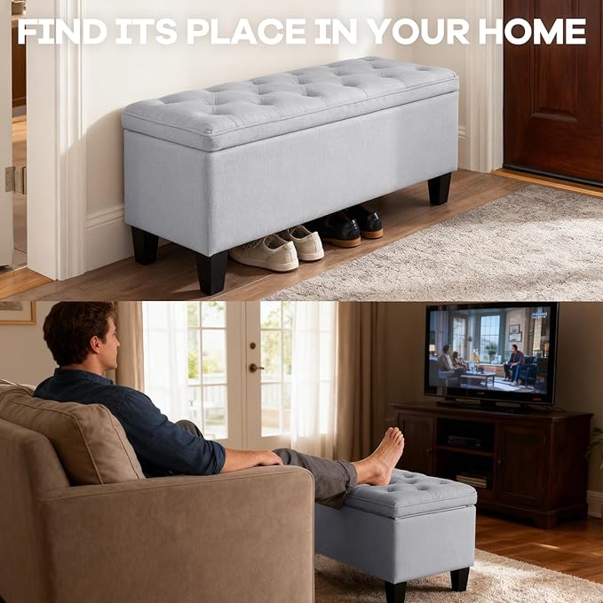 DUMOS Storage Ottoman Bench, Foot Rest with Legs, 16 x 40 x 18 Inches, End of Bed Bench, Storage Chest for Living Room,Bedroom, Entryway, Light Gray