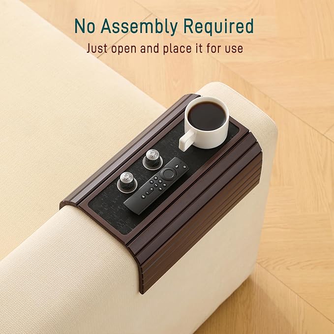 Bamboo Couch Arm Tray Table with Anti-Slip Cork Pad，Foldable Sofa Armrest Tray Table for Couch，Flexible Couch Arm Cup Holder，Portable Sofa Arm Chair Table for Drink, Snacks, Phone, Remote (Mahogany)