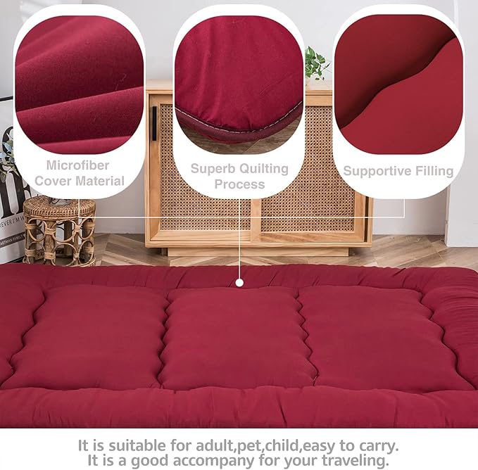 MAXYOYO Japanese Floor Mattress Futon Mattress Thicken Tatami Mat Sleeping Pad Roll Up Mattress Floor Lounger Mat Folding Couch Mattress Pad for Guest Room, Burgundy, King Size