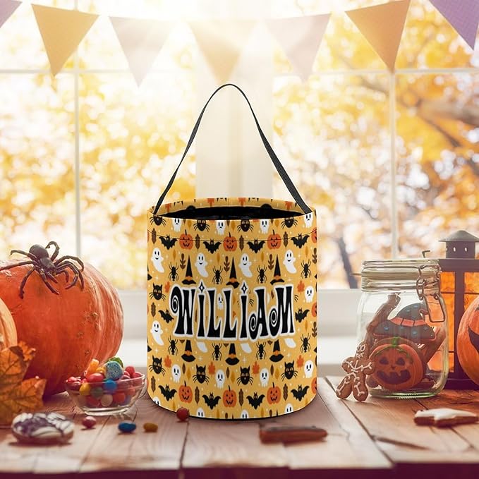 Personalized Halloween Trick or Treat Candy Bag with Name Custom Text Party Tote Bucket Halloween Candy Basket Gift (Bag-4)