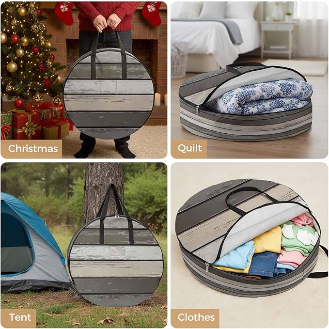 Retro Dark Grey Stripe Round Storage Bag 24 Inch, Peeling Paint Effect Texture Clothes Storage Container with Handles Heavy Duty Organizer for Comforter, Bedding & Holiday Wreaths