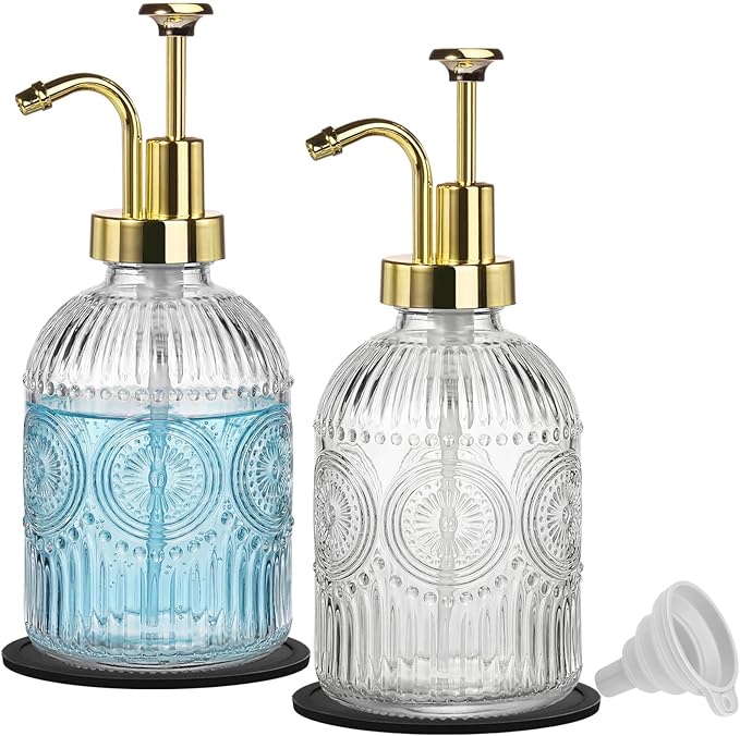 SheeChung 12Oz Vintage Glass Bathroom Soap Dispenser, Kitchen Dish Soap Dispenser with Pump, Refillable Liquid Hand Soap Bottle, Lotion, Antique Rustic Farmhouse Decor (Clear-Gold Pump, 2 Pack)