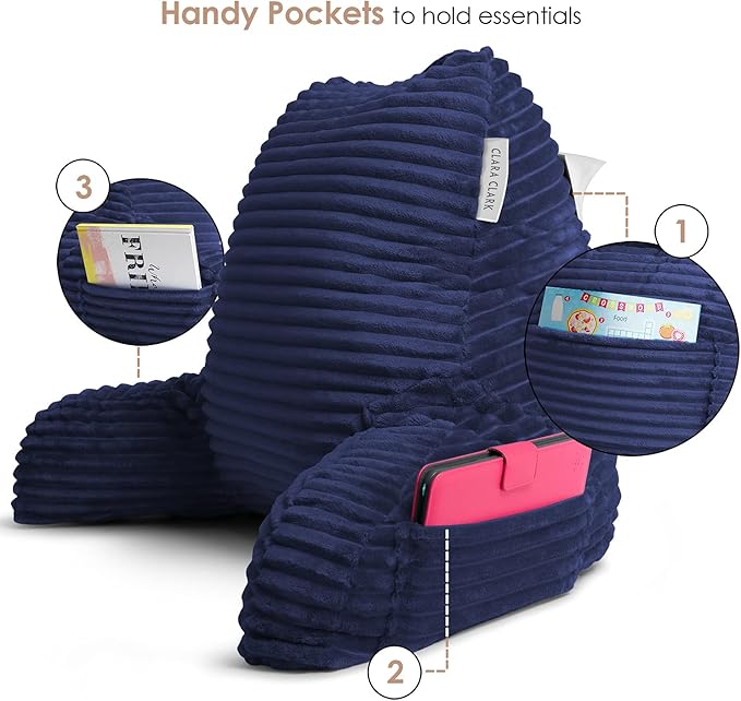 Clara Clark Reading Pillow for Bed Adult – Back Pillow for Sitting in Bed, Standard Plush Bed Pillows for Sitting Up in Bed, Shredded Foam Bed Chair Pillow with Arms and Pockets, Navy Bed Rest Pillow