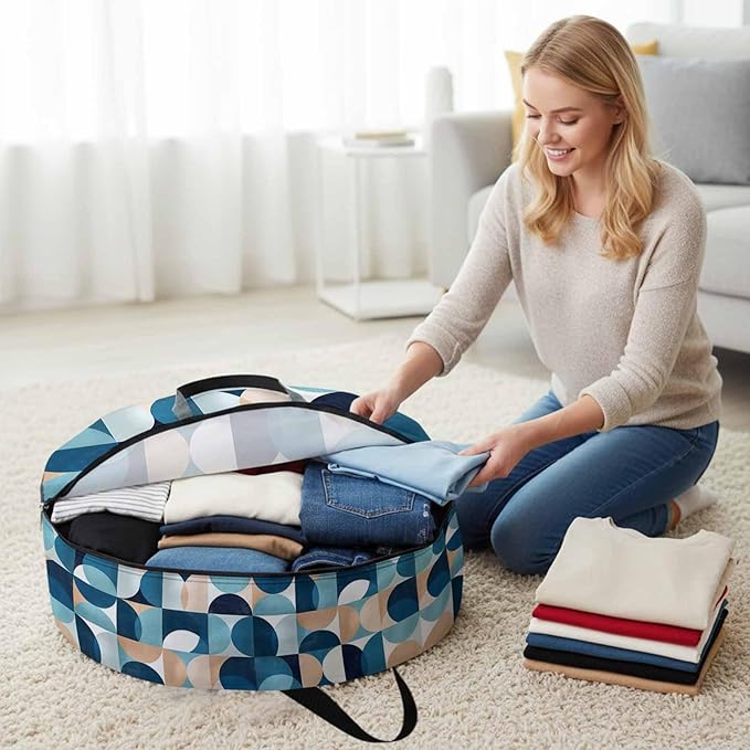 Storage Bag Mid Century Geometric Round Storage Totes Bins Closet Organizers with Zippers & Handle Abstract Modern Blue Clothes Storage Container for Bedroom Dorm Space Saving Packing Supplies Bags