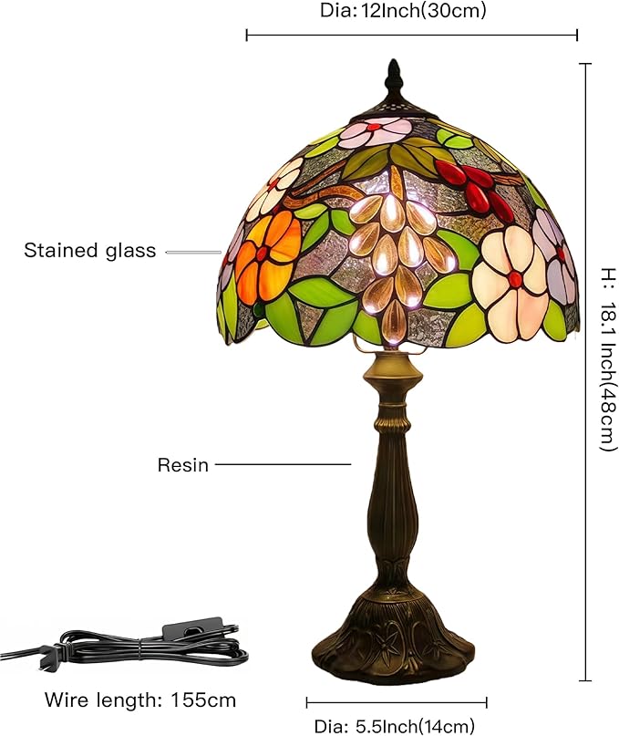 Table Lamp Hand-Made Grape Rose Stained Glass Table Lamps Bedside Nightstand Lamp for Bedroom, Living Room, Home Office Desk Lamp,Home Deco Art, W/LED E27 Bulb,12X12X18Inch