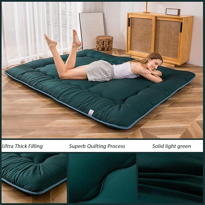MAXYOYO Japanese Floor Mattress Futon Mattress, Thicken Sleeping Pad Foldable Roll Up Floor Futon for Adults Tatami Mat Dormitory Lounger, Dark Green, Twin Size