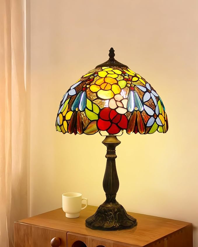 Tall Table Lamps Bedside Nightstand Rose Flower Beads Stained Glass Table Lamp for Bedroom,Living Room,Dining Room Restaurant Hotel Desk Reading Light+LED Bulb,12X12X18 INCH