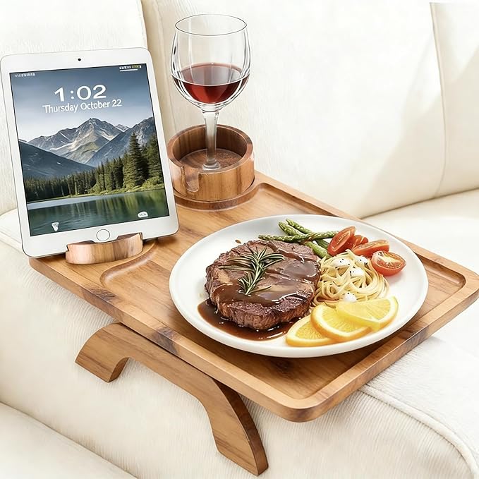 DUMOS Couch Arm Tray, 3 in 1 Clip on Sofa Arm Tray with 360° Rotating Phone Holder, Foldable Couch Armrest Table for Drinks & Snacks, Brown