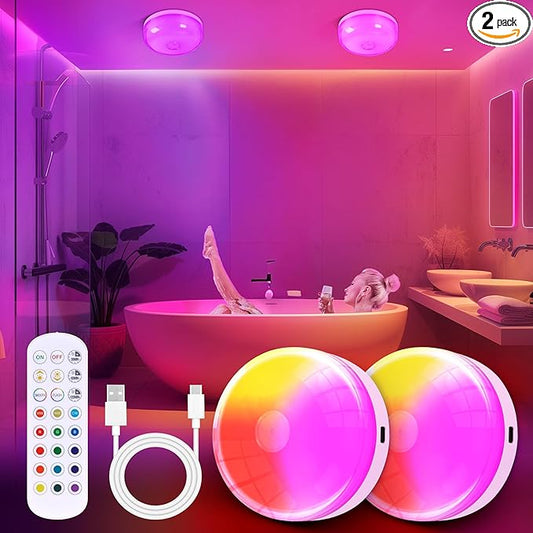 2-Pack Rechargeable Shower Light No Wiring, 15 RGBW Color Changeable Waterproof Lights for Shower with Remote(Dimmable＆Timer), LED Light for Inside Shower, Wireless Mood Lighting for Bathroom, White