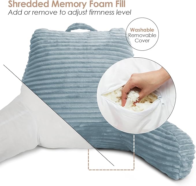 Clara Clark Reading Pillow for Bed Adult – Back Pillow for Sitting in Bed, Standard Bed Pillows for Sitting Up in Bed, Foam Bed Chair Pillow, Stone Blue Bed Rest Pillow