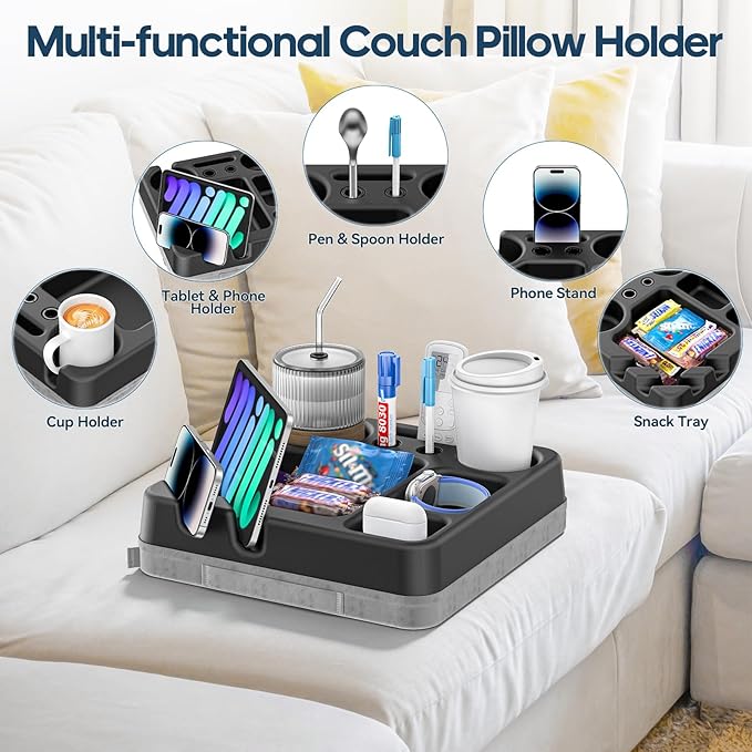 Couch Cup Holder Tray Couch Cup Holder Pillow Bed Tray Snack Sofa Bed Caddy Organizer Beach Sofa Drink Holder Anti-Spill Portable Snack Caddy Couch Remote Holder for Phone Pad Kindle Beverage Black
