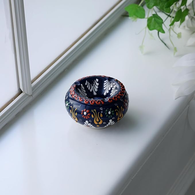 Decorative Ceramic Jar-Colorful Decorative Jar with Lid-Handmade Small Decorative Jar-Windproof Unique Jars-Turkish Home Decor (Navy)