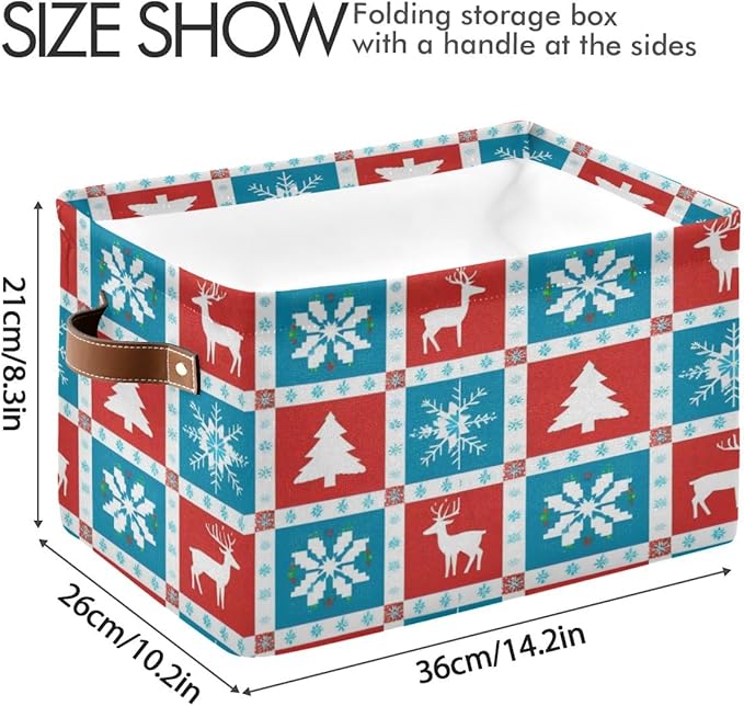 Christmas Storage Basket, Collapsible Canvas Organizer with Snowflake Reindeer Pattern, 14.2x10.2x8.3 Inches, Water Resistant Rectangular Box for Bedroom Storage