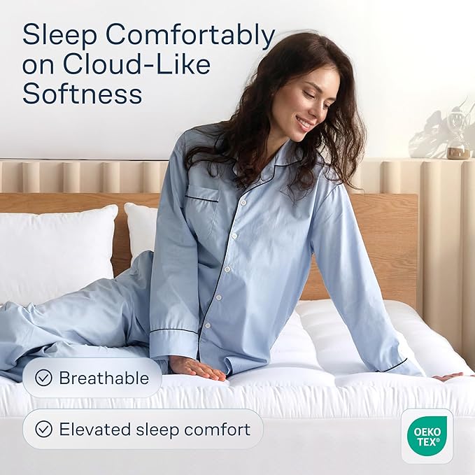 Cloud-Like California King Mattress Topper - 100% Cotton Top Mattress Pad for Back Pain Relief - Breathable & Naturally Cooling for Hot Sleepers, White