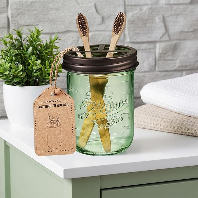 SheeChung Mason Jar Toothbrush Holder, Green Glass Toothbrush Holder for Bathroom Countertop Organizer, Stainless Steel Lid, Electric Toothbrush Toothpaste Holder Storage, Bronze Bathroom Accessories