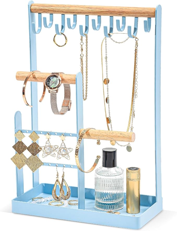 ProCase Jewelry Stand Holder Organizer, 4-Tier Necklace Holder with Ring Tray, 10 Hooks Necklaces Hanging Small Jewelry Display Storage Tower Tree for Bracelets Earrings Watches -Medium, Blue