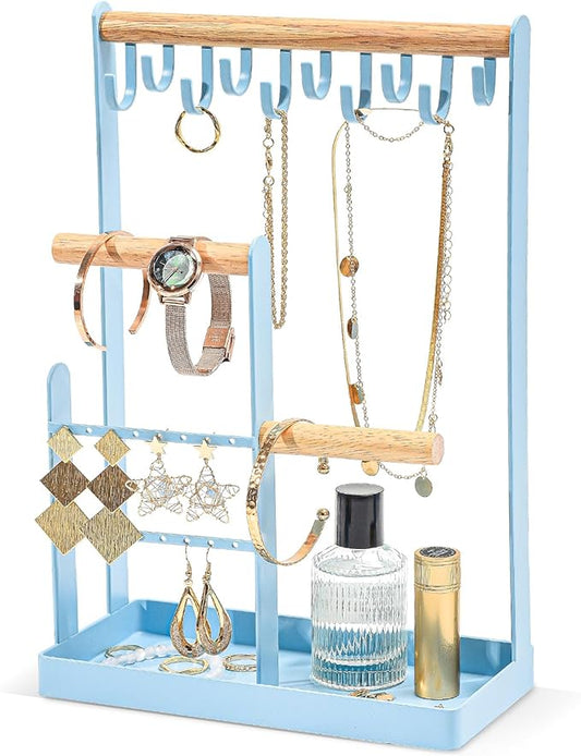 ProCase Jewelry Stand Holder Organizer, 4-Tier Necklace Holder with Ring Tray, 10 Hooks Necklaces Hanging Small Jewelry Display Storage Tower Tree for Bracelets Earrings Watches -Medium, Blue