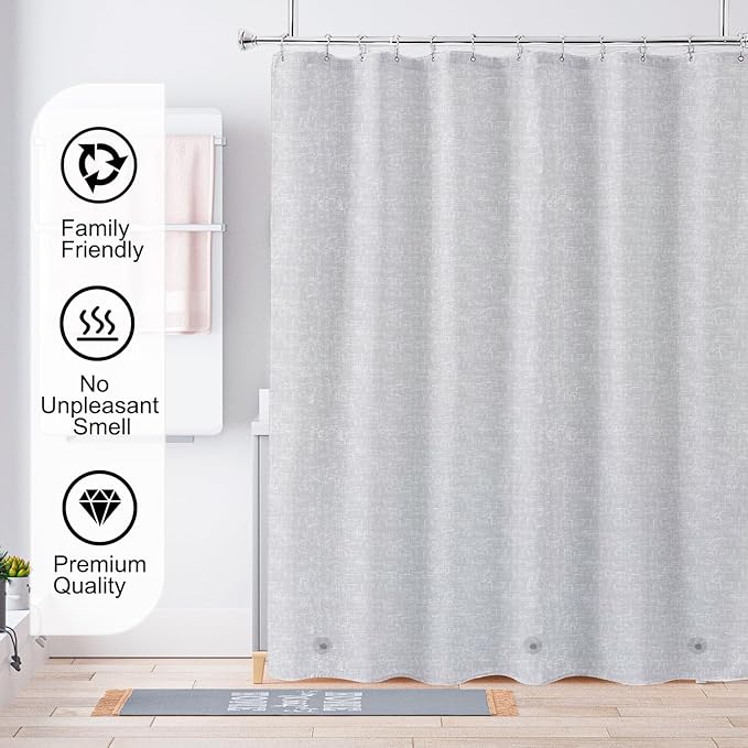 TIKABC Grey Shower Curtain Liner, 4G PEVA Shower Liner, Plastic Peva Waterproof Shower Curtains, 72x72 inch with Grommet Holes 3 Magnetic Weights