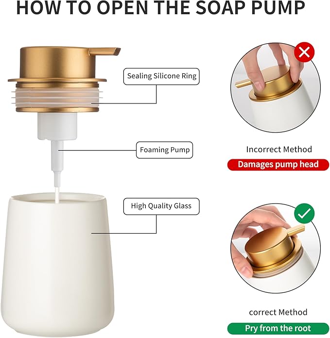 Enra Foaming Soap Dispenser,12 oz Beige Ceramic Modern Foam Hand Soap Dispenser for Bathroom,Kitchen with Easy-to-Press Pump (White Foam Gold Pump)