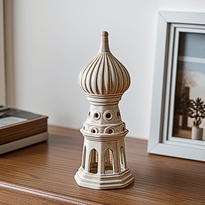 Ceramic Home Decoration 11.02 Inch Tall Onion Dome Tower for Living Room Bedroom Office Modern Farmhouse Antique Rustic Nordic Ornament Desktop Fireplace Centerpiece Decor