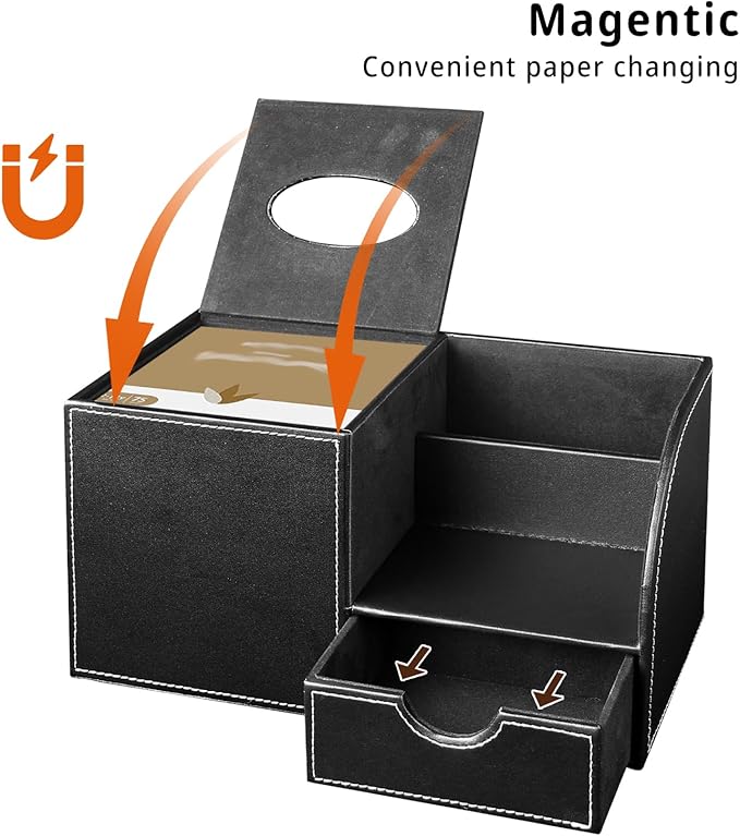 Nightstand Organizer with Tissue Holder,PU Leather Square Tissue Box Cover,Modern Facial Paper Organizer Storage Box for Remote Control,Bathroom,Vanity Countertop,End Table Home Office.Black