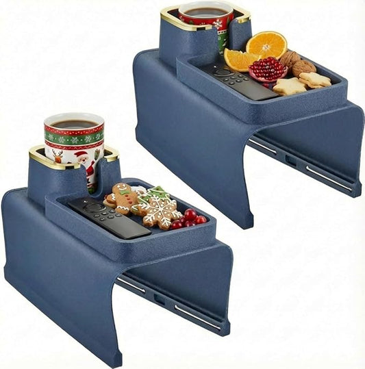 1 Pc Couch Cup Holder Tray Silicone Anti-Spill Anti Slip Sofa Armrest Drink Holder Weighted Couch Caddy Recliner Arm Table for Remote Controls, Phones, Cups and Snacks (Blue)
