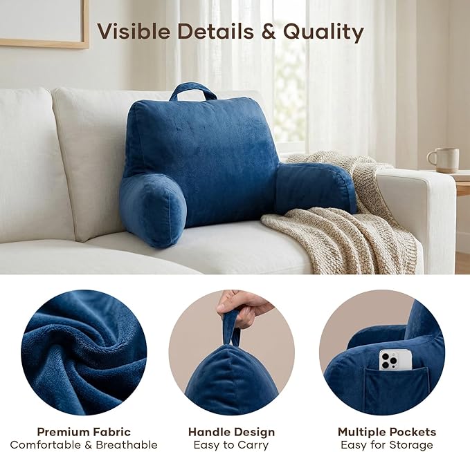 NOONTIDE Reading Pillow for Sitting up in Bed and Couch,Large Back Pillow for Adult & Teens with Soft Adjustable Neck Roll Backrest Pillow,Washable Cover,Watching TV/Gaming/Relaxing(Blue)