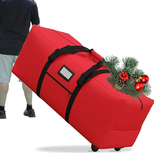 7.5 ft Christmas Tree Storage Bag, Heavy Duty Rolling Xmas Tree Bag with Reinforced Handles and Wheels, Large Storage Container for Trees and Decorations, Red