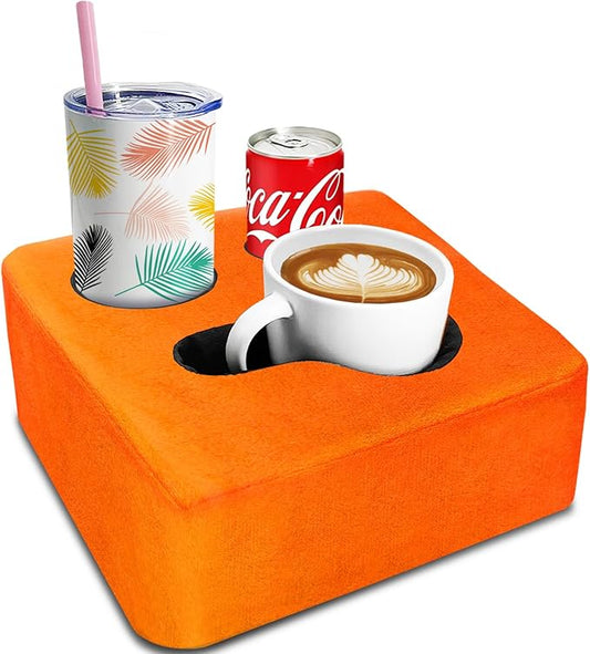 3 Hole Couch Bed Cup Holder Pillow, Keep Drinks Hand Side and KeepTemp, Prevent Spills, Use Anywhere - for Bed, Camping, RV, Car, Beach. Orange