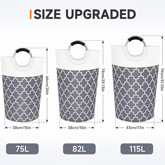 Fabspace Large Laundry Basket Laundry Hamper Bag Washing Bin Clothes Bag Collapsible Tall with Handles Waterproof Travel Bathroom College Essentials Storage for College Dorm, Family (Grey) 75L