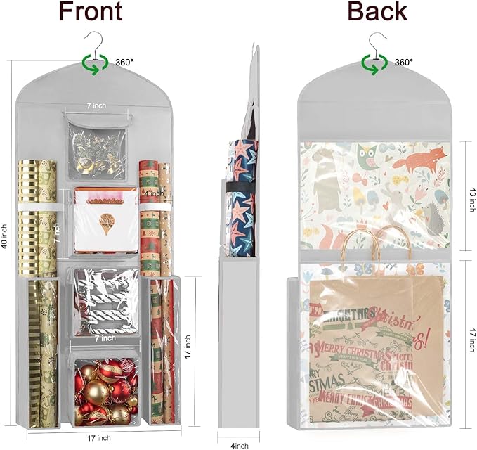 Woodoulogy Hanging Gift Wrapping Paper Storage, 40"X17" Grey Double-Sided Christmas Wrapper Bag Container, Oxford Craft Roll Organizer, Present Wrap Holder for Bedroom Closet, Door, Cabinet