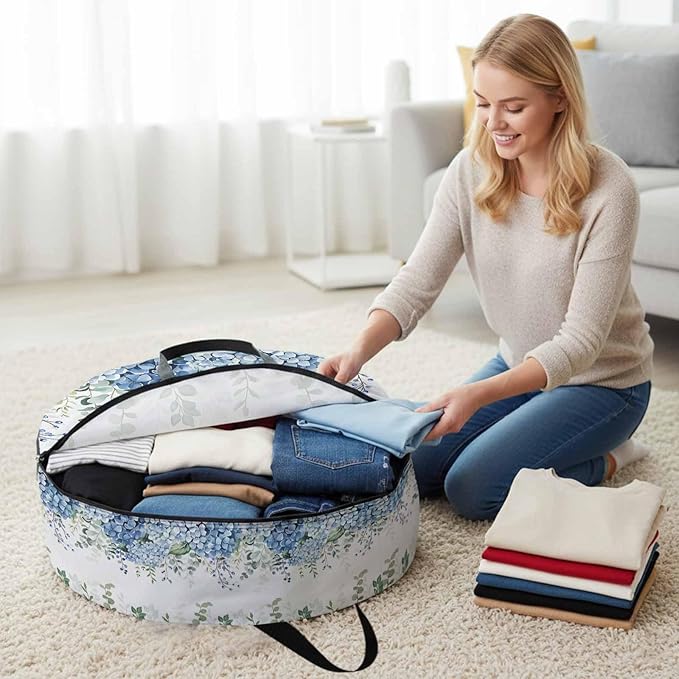 Storage Bag Blue Hydrangea Round Storage Totes Bins Closet Organizers with Zippers & Handle Green Eucalyptus Leaves Flowers Clothes Storage Container for Bedroom Dorm Space Saving Packing Supplies