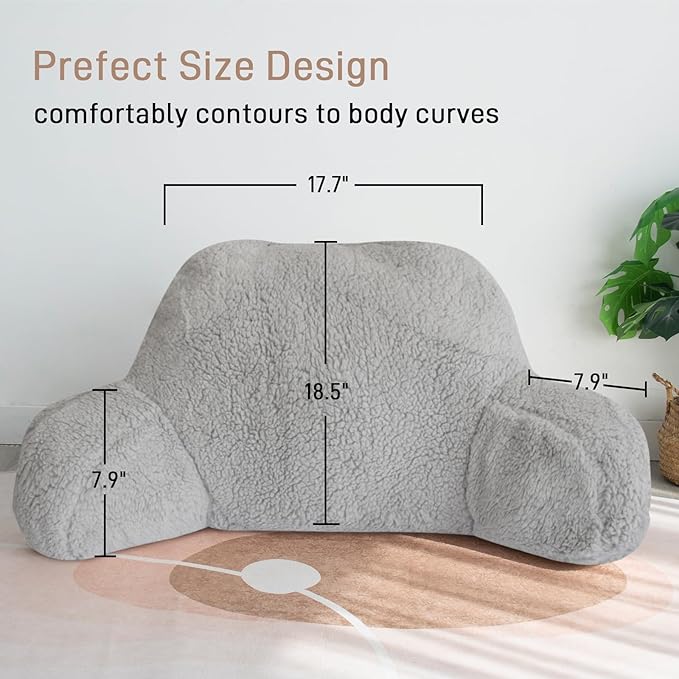Reading Pillow for Sitting in Bed Adults/Kids/Teens, Bed Rest Wedge Backrest Pillows with Arms Back Support for Watching TV/Gaming/Relaxing, Dorm Essentials, Grey