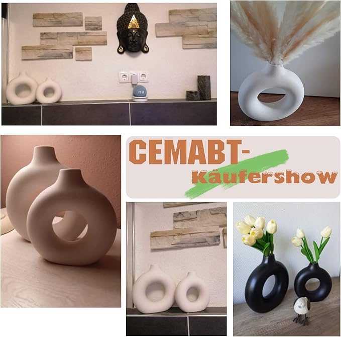 CEMABT White Donut Vase Hollow Ceramic Vase for Flowers Handmade Minimalist Boho ins Style Modern Home Decor for Wedding Dinner Table Party Living Room Office Bedroom(S)