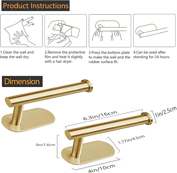 JOPOFI Toilet Paper Holder - Self Adhesive Toilet Paper Holder Wall Mount for Bathroom, SUS 304 Stainless Steel Command Strip Toilet Paper Roll Holder Stick On Wall, No Drilling - Brushed Gold（2 Pcs）