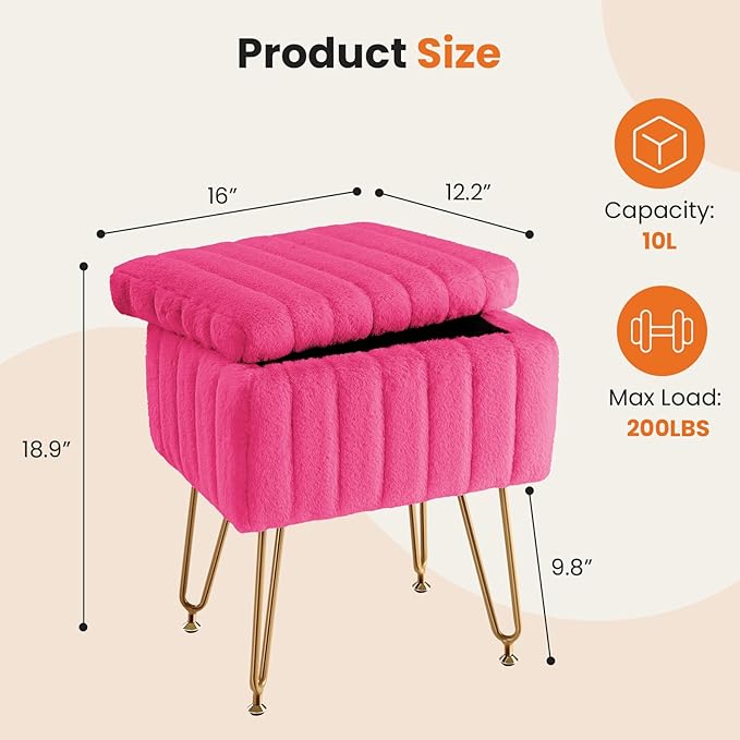DUMOS Vanity Stool Chair, Ottoman with Storage, Makeup Cute Soft Small Footstool, Modern Style Faux Fur Seat with 4 Metal Legs & Adjustable Feet for Dressing, Living Room, Bedroom, Dorm, Red