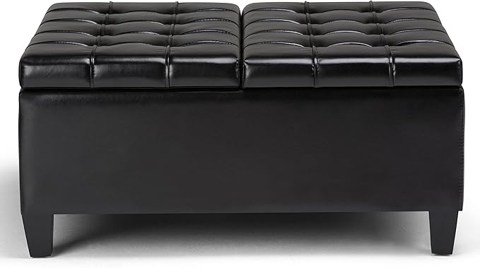 SIMPLIHOME Harrison Coffee Table Storage Ottoman - 36 inch Wide Upholstered Vegan Leather Square Lift-Top Ottoman in Midnight Black, Transitional Ottoman for Living Room with Hidden Storage