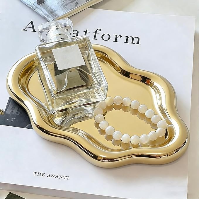 Jewelry Tray for Women, Cloud Shape Ceramic Trinket Dish, Jewelry Organizer Storage Holder for Ring Earring Bracelet Necklace, Make Up Organizer (White) (Gold)