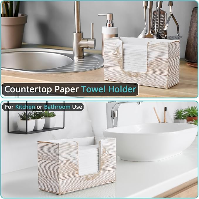 Paper Towel Dispenser Countertop, White Washed Wood Bathroom Paper Towel Holder, Napkin Holder for Kitchen, Countertop Multifold C-Fold, Z-Fold, Trifold Paper Hand Towel Dispenser for Toilet